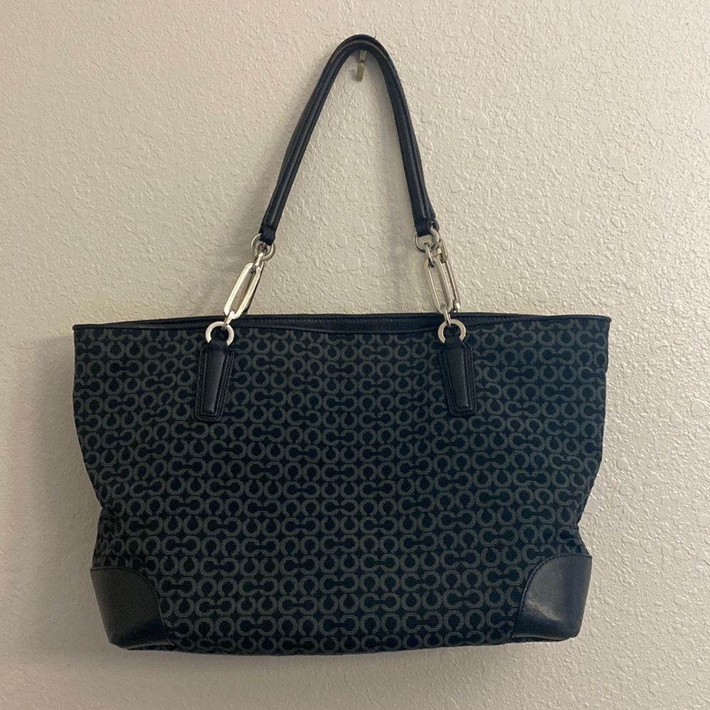 Coach Signature Leather Shoulder Purse Tote Bag Black 26767